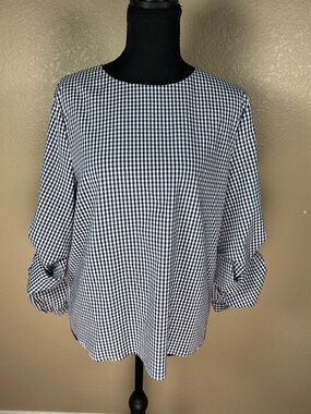Navy & White Gingham Blouse XL | Long Sleeve Balloon Cuffed Top